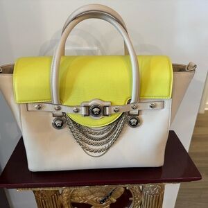 Versace Medusa Signature Satchel DBFD705 Cream Yellow Leather Chain Tote Purse